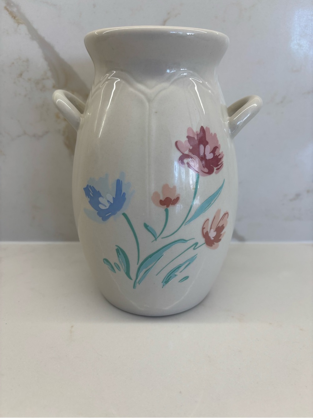 Vintage Ivory Floral Ceramic Double Handle Vase Spring Garden Cottagecore